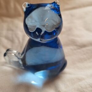 Murano Blue Glass Cat Figurine Approx. 2.5 x 2.75 In